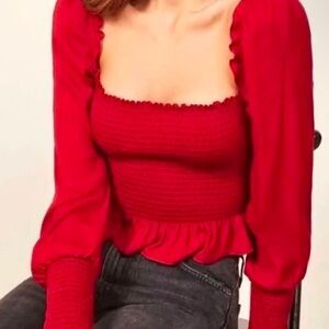 REFORMATION - Red Francis Smocked Long Sleeve Ruffle Hem Square-Neck Top (S)